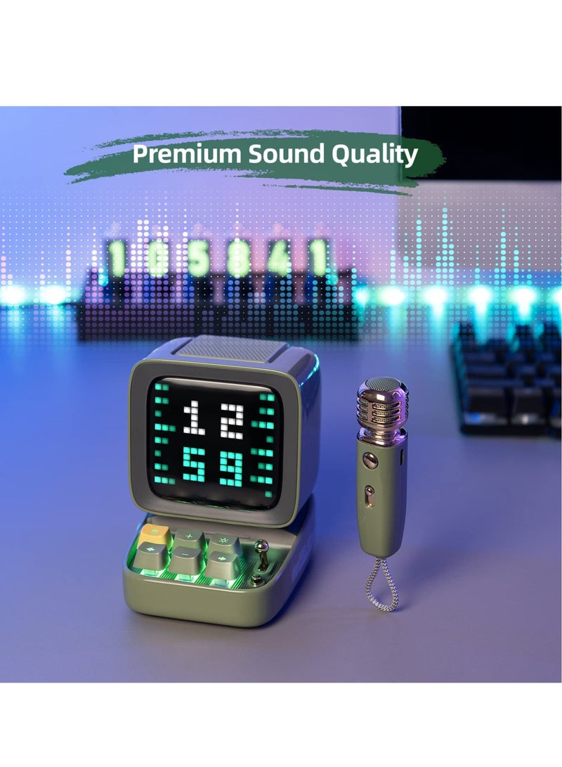 Retro Pixel Art Game Bluetooth Speaker, RGB Keyboard and Pixel Display Desktop Decor, Different Sound Modes, with Karaoke Microphone & 16X16 LED App Controlled Front Screen, for Home Party (Green)