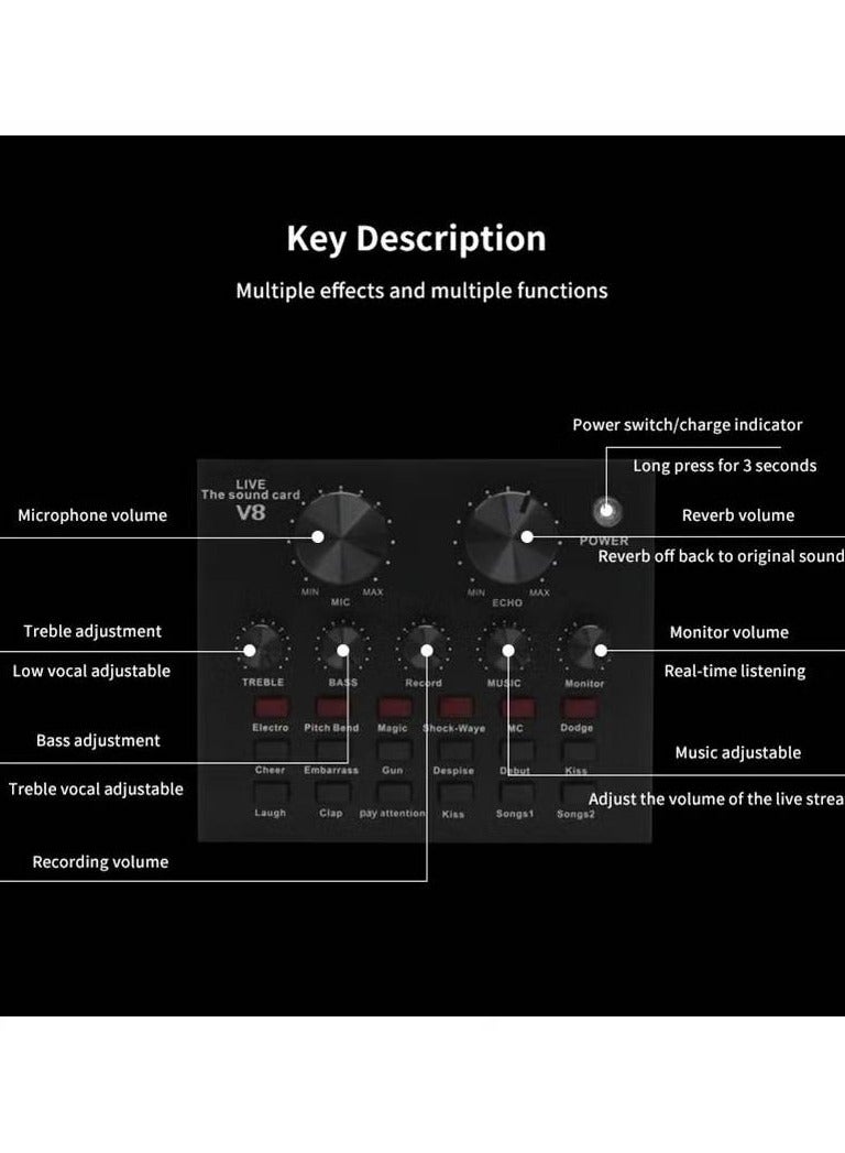 V8 Audio Mixer BM800 Condenser Microphone Live Sound Card BT USB Game DSP Recording Professional Streaming