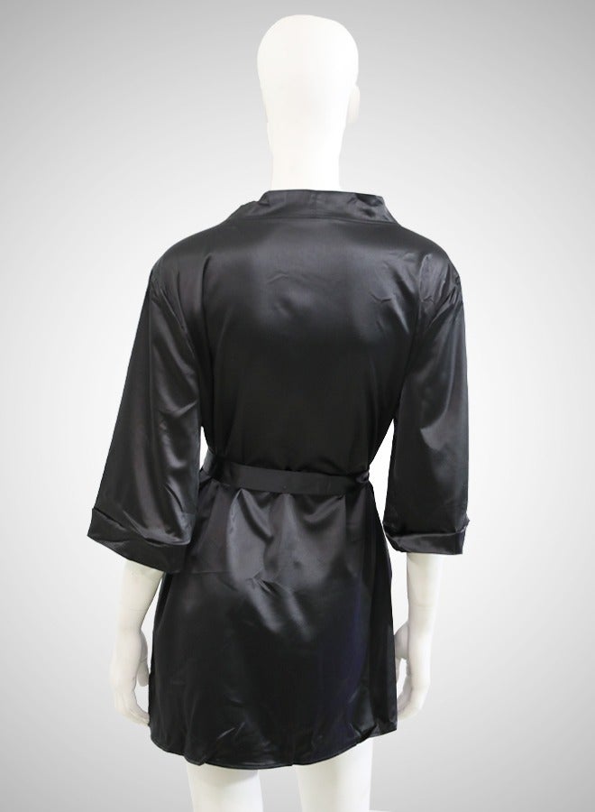 Women's Black Bathrobe with Waist Tie in Two Pieces