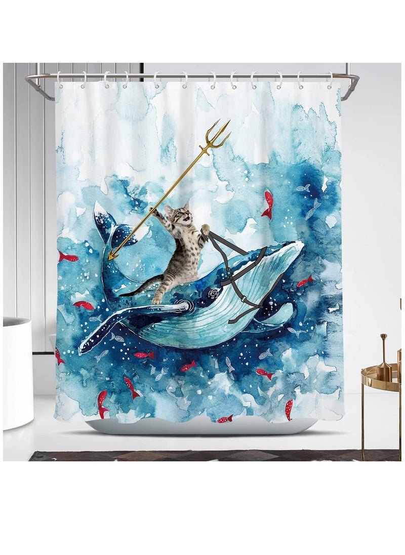 Funny Cat Shower Curtain, Riding Whale Ocean Cute Fun Cool Kids Anime Nautical Beach Theme Sea Wave Beach Fish Hilarious Bathroom 60 x 72 Inch Polyester Fabric Waterproof 12 Pack Hooks