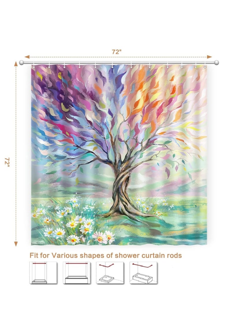 Oil Painting Tree Shower Curtain Colored Seasons Tree Shower Curtain for Bathroom with Hooks Polyester Fabric Washable Shower Curtains Sets Decorative Waterproof Bath Curtain