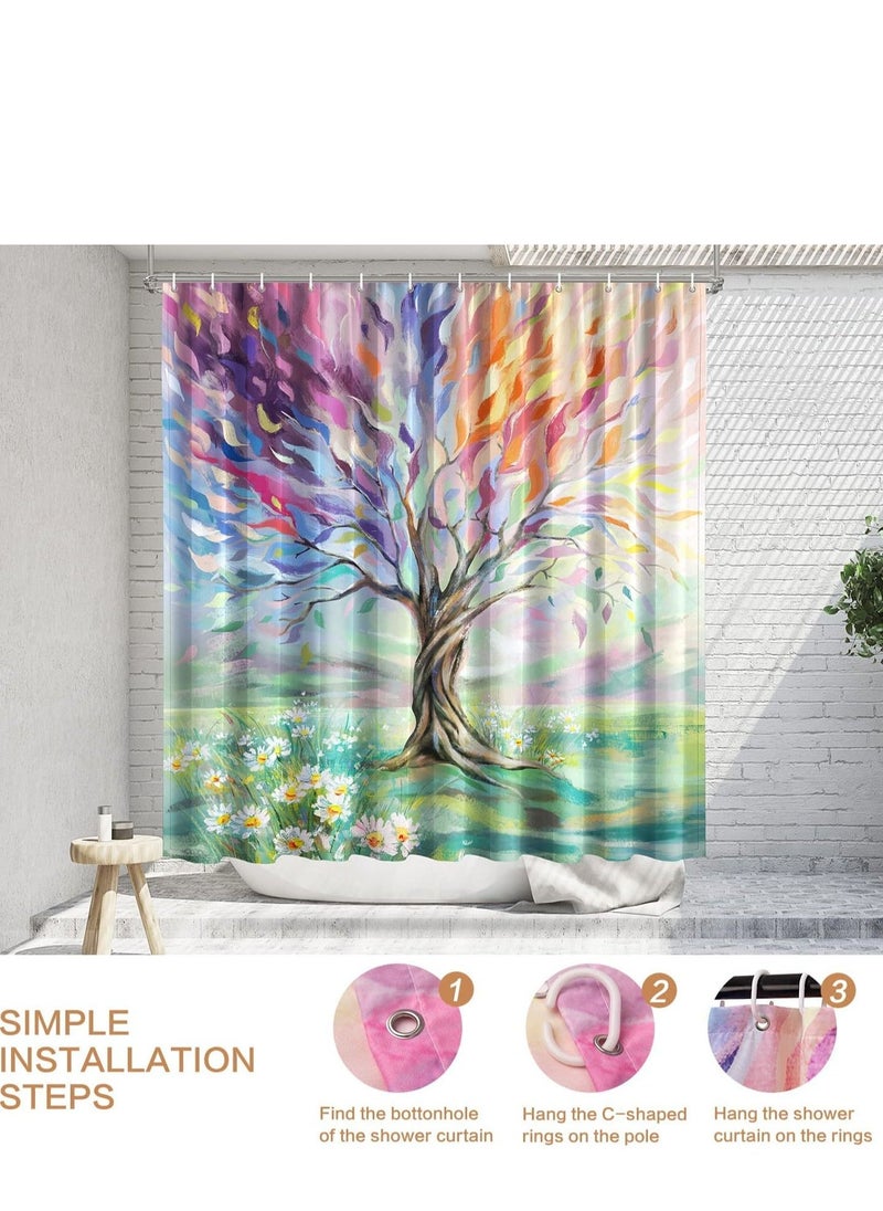 Oil Painting Tree Shower Curtain Colored Seasons Tree Shower Curtain for Bathroom with Hooks Polyester Fabric Washable Shower Curtains Sets Decorative Waterproof Bath Curtain