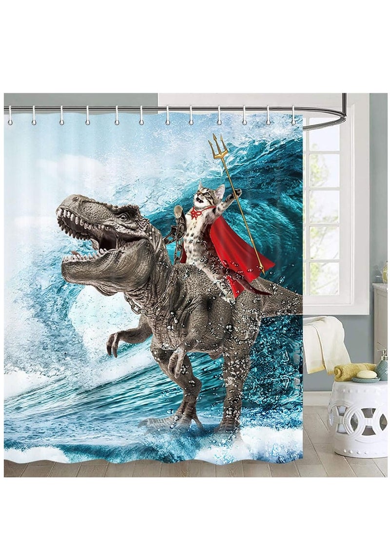 Funny Cat Shower Curtain Boys Kids Bathroom Decor, Cool Cat Riding Dinosaur Ocean Shower Curtain, Fun Nautical Kids Shower Curtain Campers Shower Curtain Camping Bathroom Set with Hooks(72X84inch)