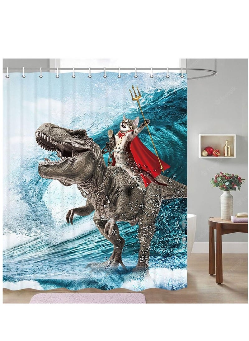 Funny Cat Shower Curtain Boys Kids Bathroom Decor, Cool Cat Riding Dinosaur Ocean Shower Curtain, Fun Nautical Kids Shower Curtain Campers Shower Curtain Camping Bathroom Set with Hooks(72X84inch)