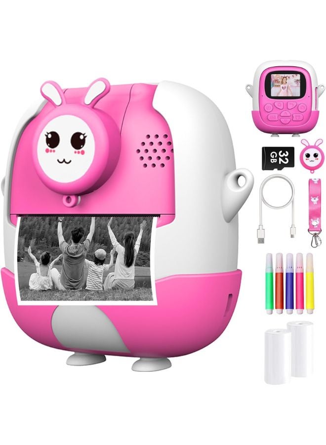 Kids Camera for Girls Boys,Instant Camera for Kids with 32GB SD Card Reversible Lens Video Digital Camera with Print Photo Paper, Birthday Gifts Toy for 3-12 Year Old 5 Colour Pens (Pink)