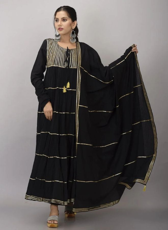 Midnight Black Flared Maxi Dress With Dupatta