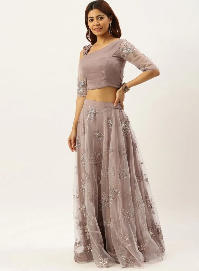 Mauve Art Silk & Off-White Net Skirt Set