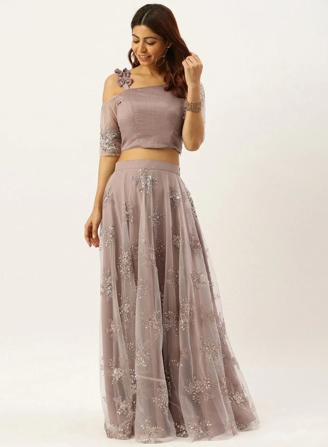 Mauve Art Silk & Off-White Net Skirt Set