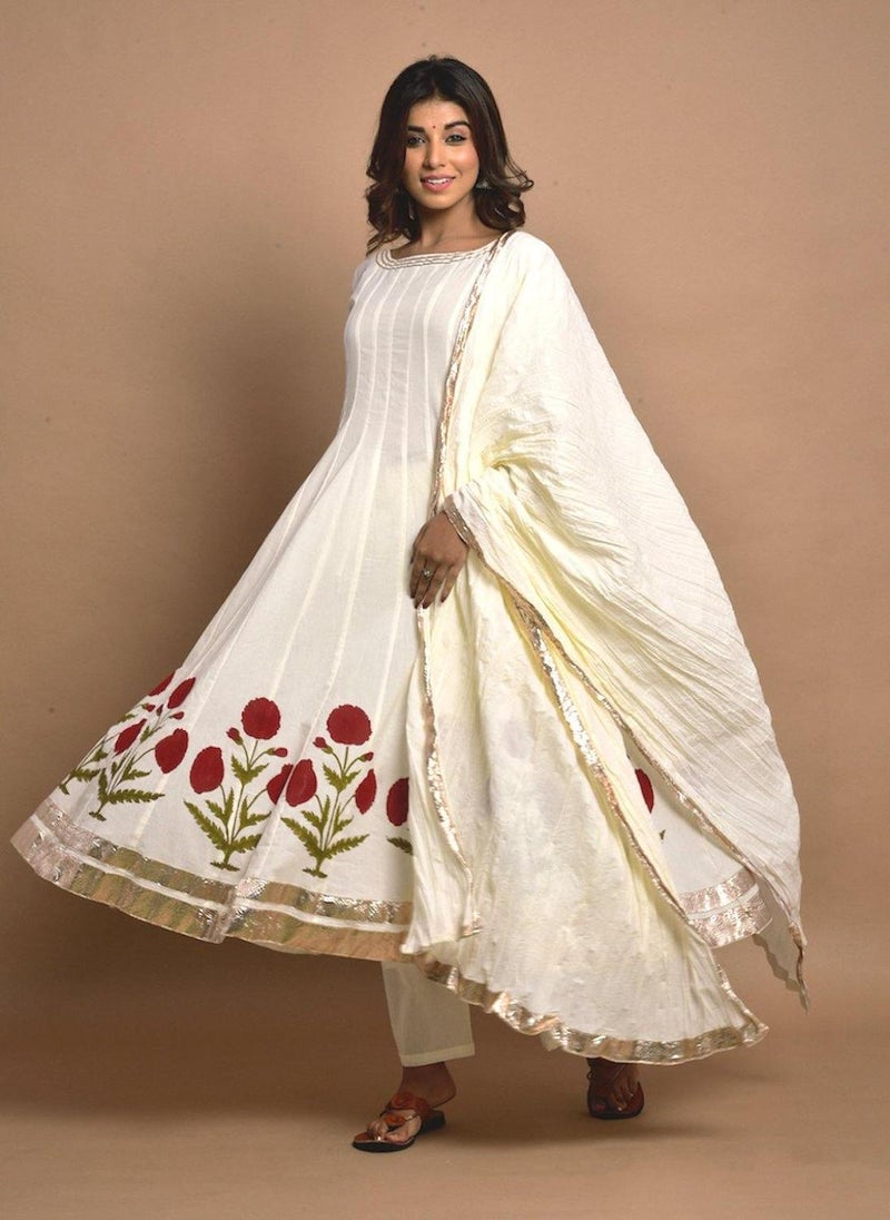 Ivory & Red Anarkali Palazzo Dupatta Set