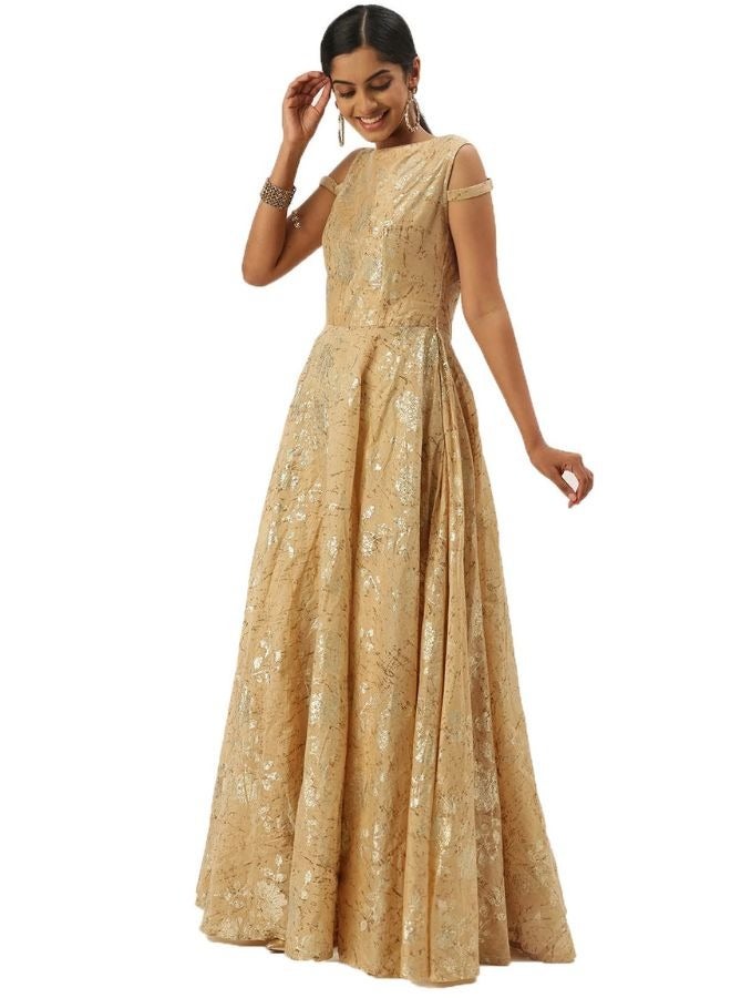 Beige Printed Boat Neck Floor Length Gown