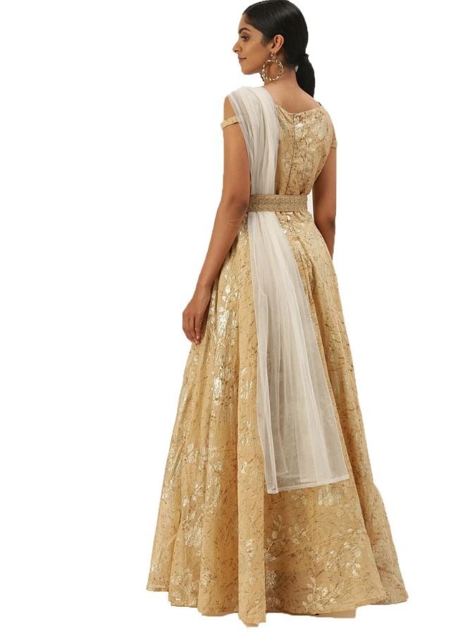 Beige Printed Boat Neck Floor Length Gown