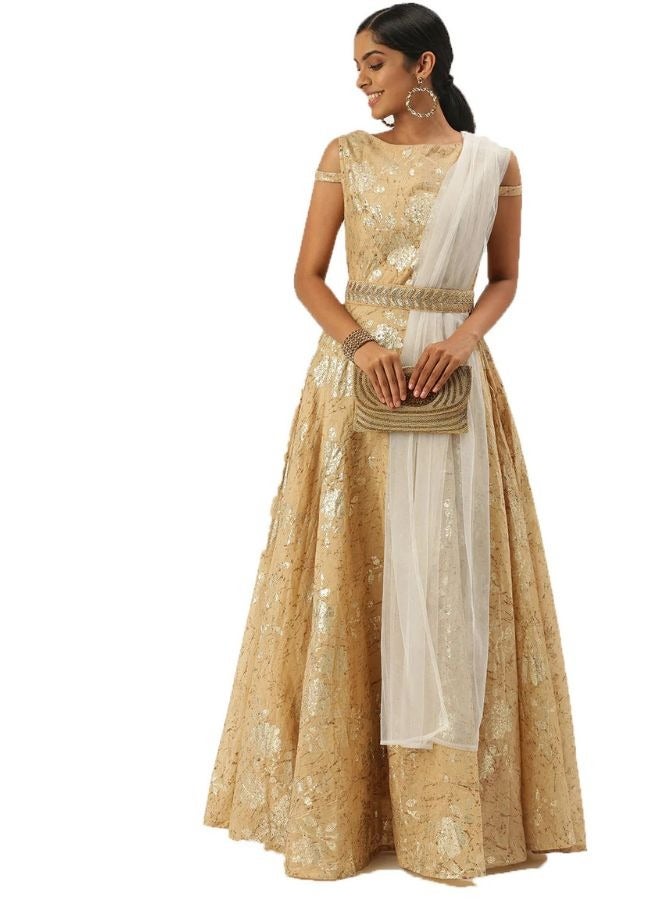 Beige Printed Boat Neck Floor Length Gown