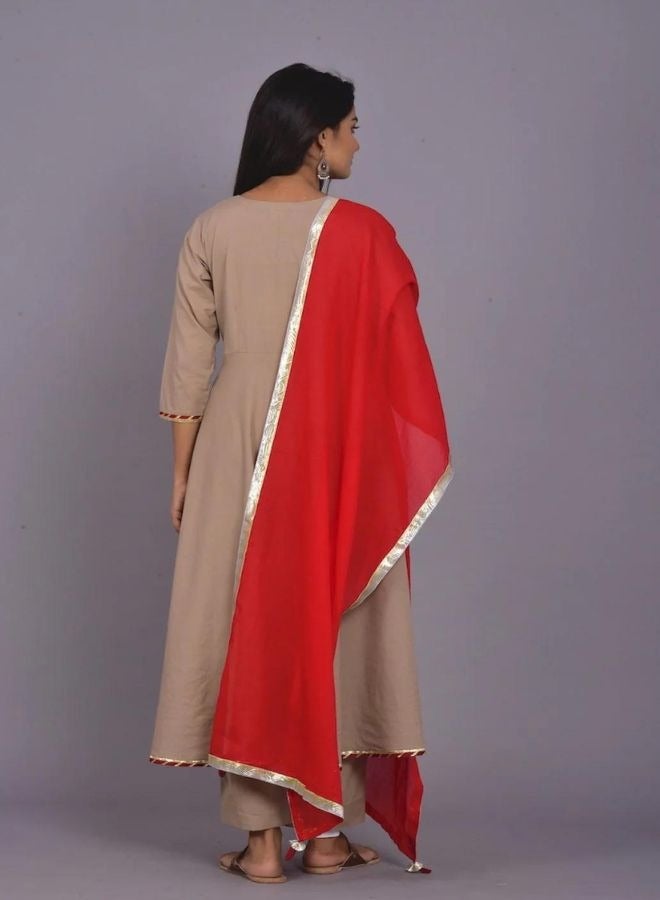 Biscuit And Red Kurta Palazzo Dupatta Set