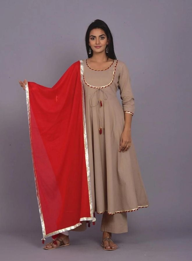 Biscuit And Red Kurta Palazzo Dupatta Set