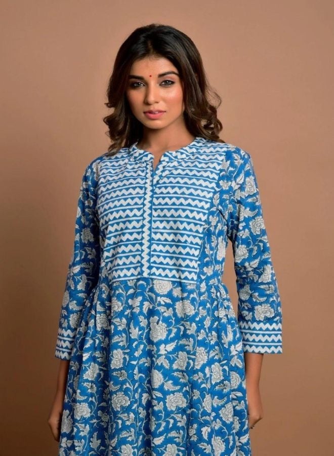 Blue Floral Flared Kurta & Palazzo Pair