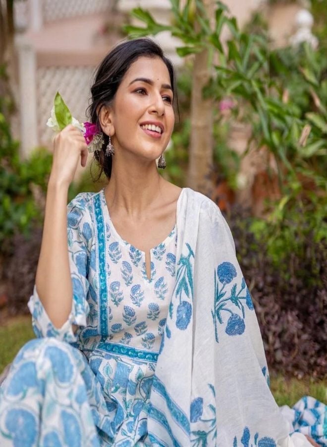 Sky Blue Jaal Printed Kurta Dupatta Set