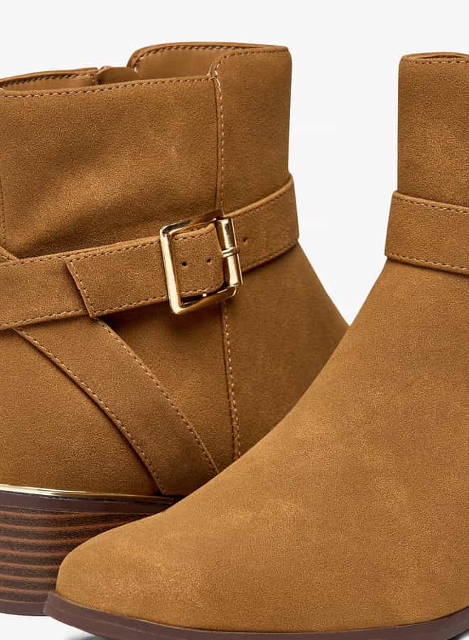 Women Solid Ankle Boots with Zip Closure and Buckle Accent