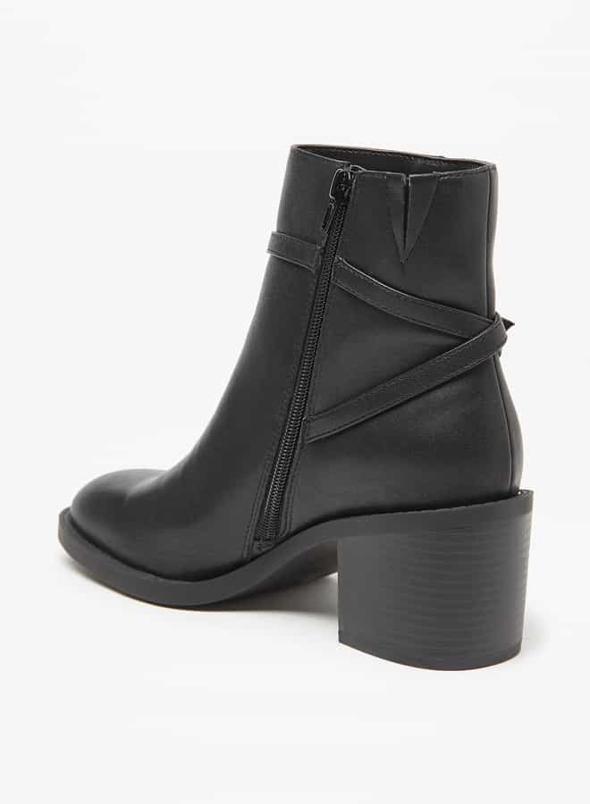 Women Solid Ankle Boots with Block Heels and Zip Closure