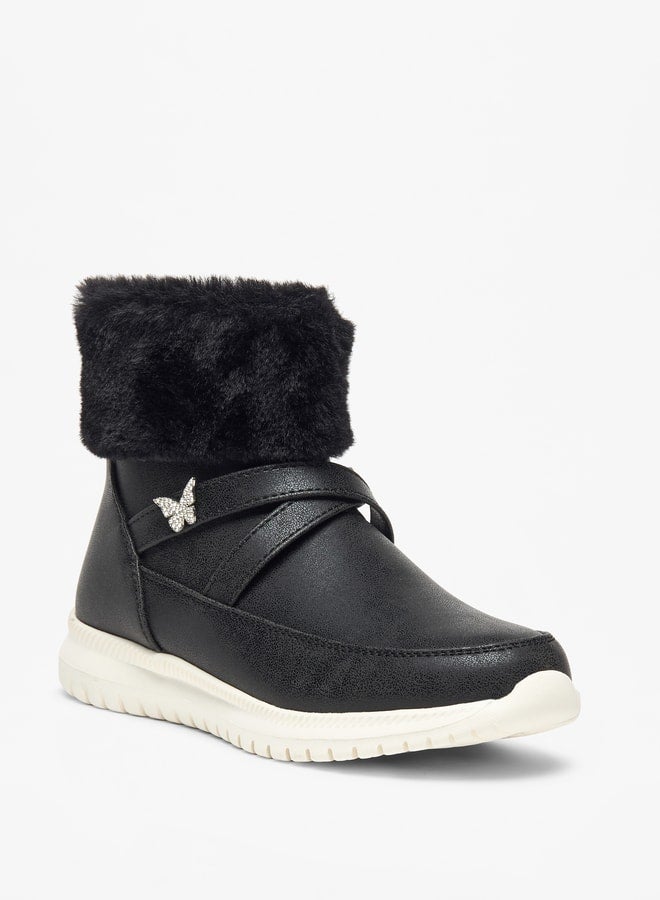 Girl's Plush Detail High Cut Boots with Zip Closure