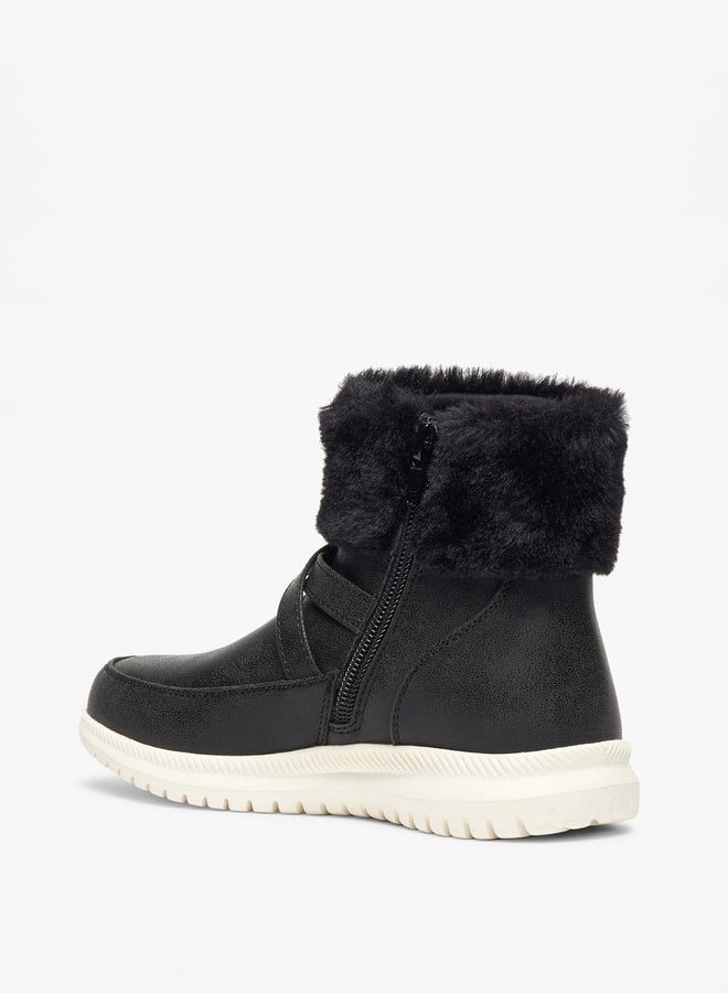 Girl's Plush Detail High Cut Boots with Zip Closure