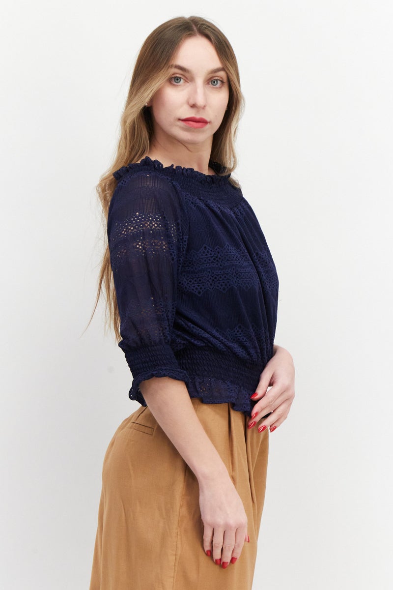 Women Ruffle Neckline Eyelet Blouse, Navy