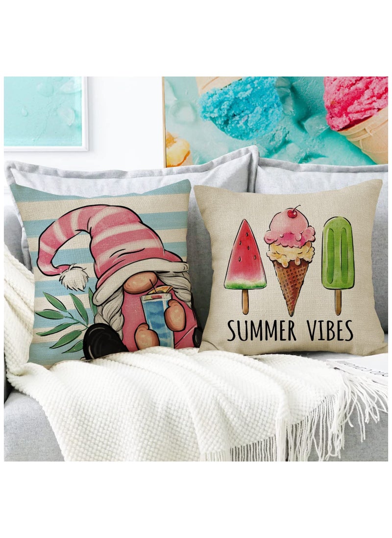 Summer Decorative Throw Pillow, Set of 4 Hello Summer Vibes Gnome, Cover 18 x 18 Ice Cream Popsicle Juice Porch Patio Outdoor Pillowcase, Stripes Seasonal Farmhouse Couch Cushion Case Home Decor