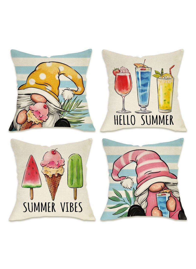 Summer Decorative Throw Pillow, Set of 4 Hello Summer Vibes Gnome, Cover 18 x 18 Ice Cream Popsicle Juice Porch Patio Outdoor Pillowcase, Stripes Seasonal Farmhouse Couch Cushion Case Home Decor