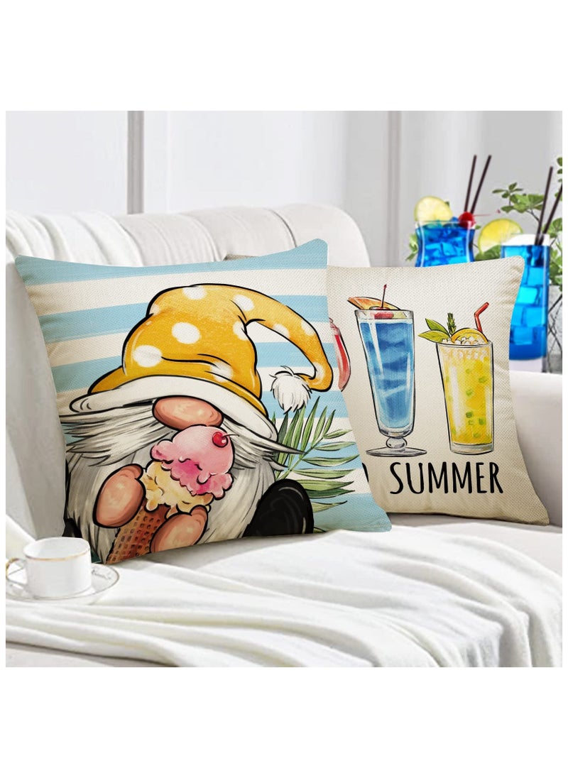 Summer Decorative Throw Pillow, Set of 4 Hello Summer Vibes Gnome, Cover 18 x 18 Ice Cream Popsicle Juice Porch Patio Outdoor Pillowcase, Stripes Seasonal Farmhouse Couch Cushion Case Home Decor