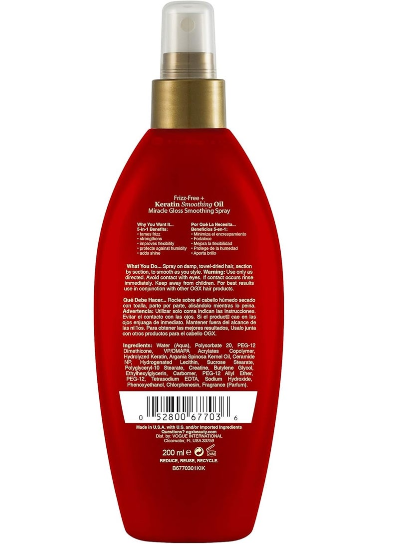 Frizz-Free + Keratin Smoothing Oil Miracle Gloss Spray, 5 in 1, De-frizz & Shiny Hair, Argan Oil 200ml