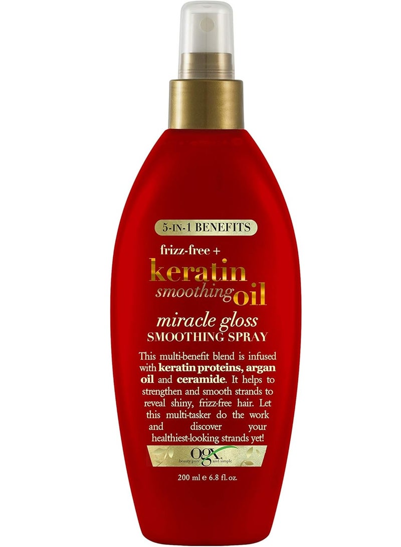 Frizz-Free + Keratin Smoothing Oil Miracle Gloss Spray, 5 in 1, De-frizz & Shiny Hair, Argan Oil 200ml