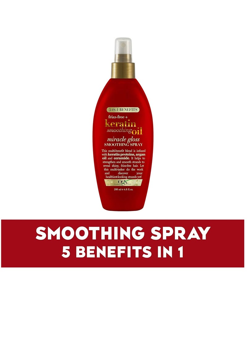 Frizz-Free + Keratin Smoothing Oil Miracle Gloss Spray, 5 in 1, De-frizz & Shiny Hair, Argan Oil 200ml