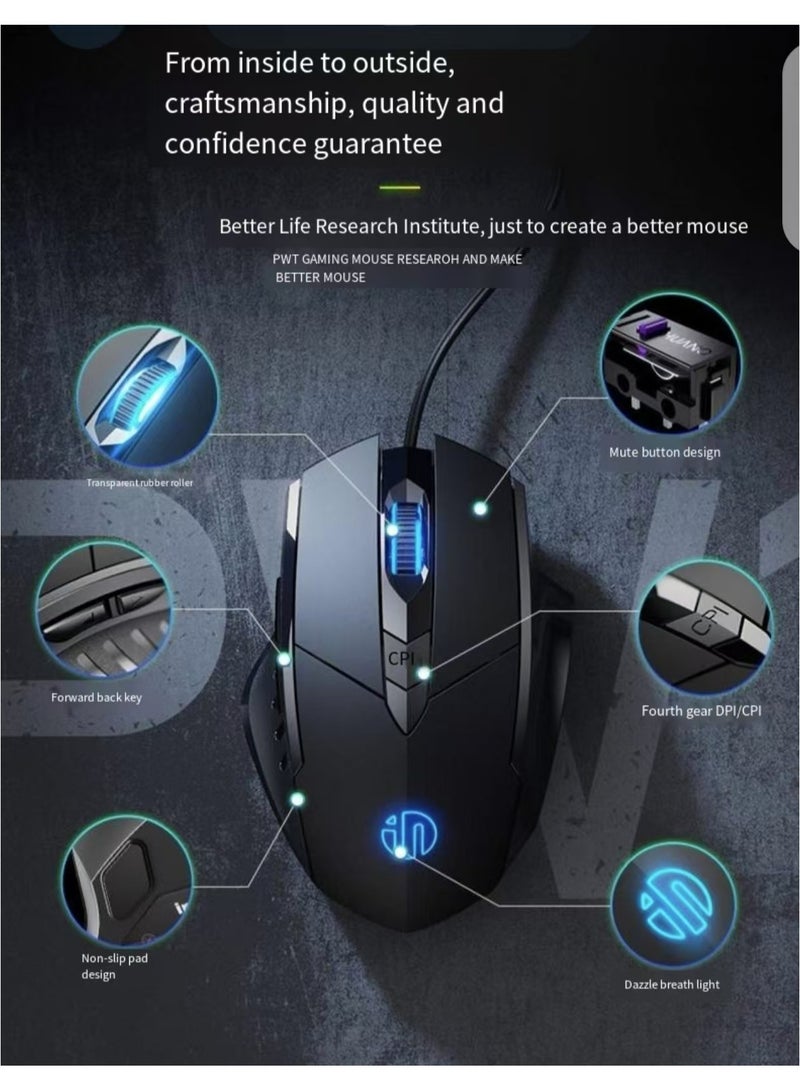 INPHIC gaming mouse, wired gaming mouse with RGB backlight, mouse with 6 programmable macro buttons and fire keys, PW1