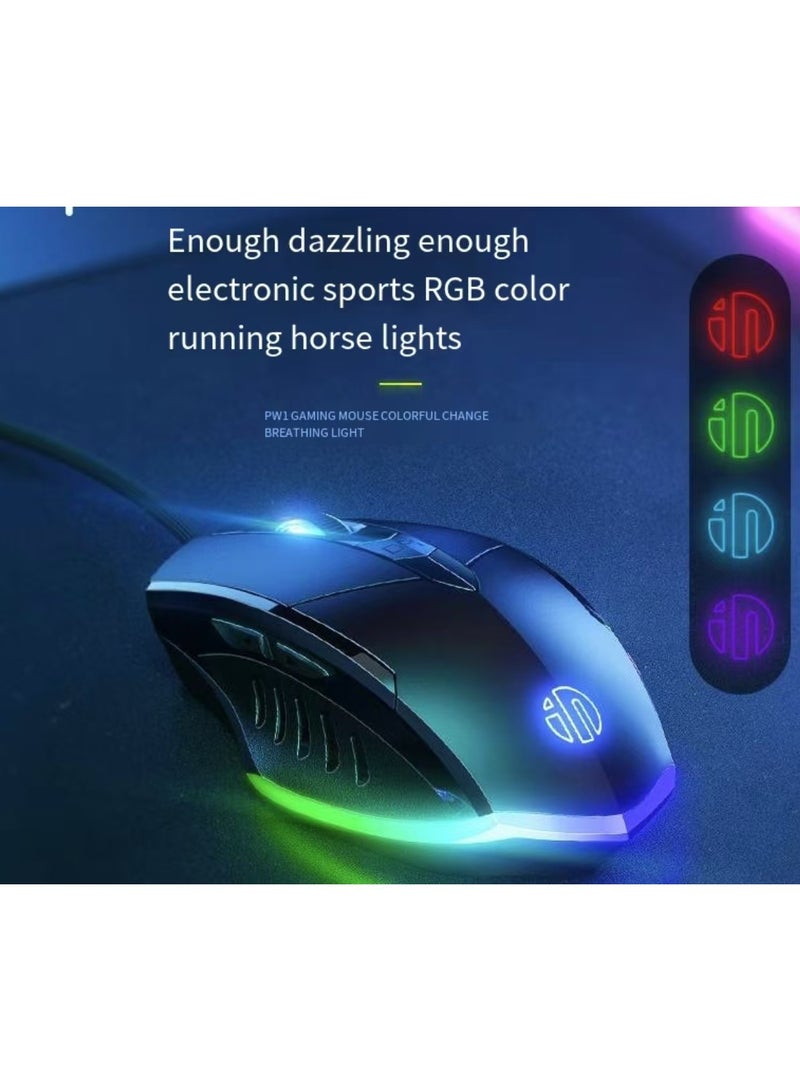 INPHIC gaming mouse, wired gaming mouse with RGB backlight, mouse with 6 programmable macro buttons and fire keys, PW1