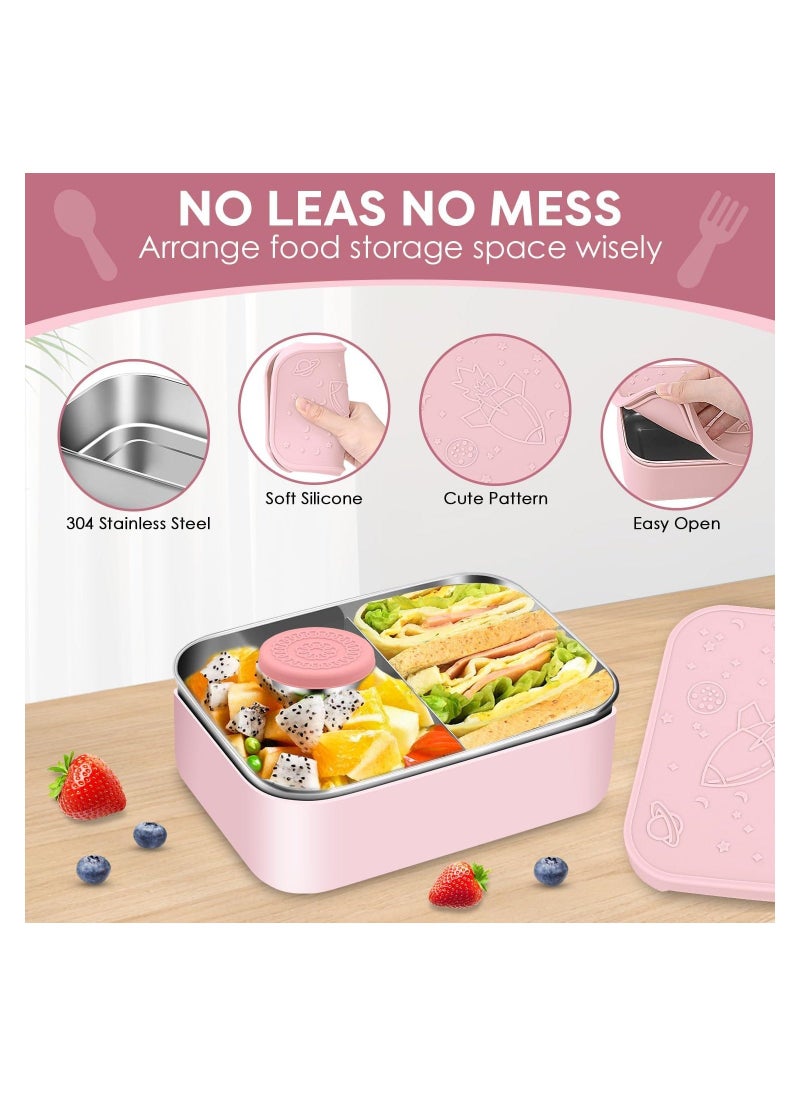 Stainless Steel Bento Box, 28.7oz Removable Divider Bento Lunch Boxes, Leak Proof Reusable Metal Lunch Containers, with Silicone Lid Easy open, Including 2.4oz Sauce Container