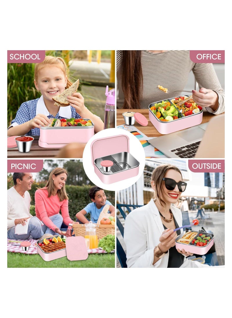 Stainless Steel Bento Box, 28.7oz Removable Divider Bento Lunch Boxes, Leak Proof Reusable Metal Lunch Containers, with Silicone Lid Easy open, Including 2.4oz Sauce Container