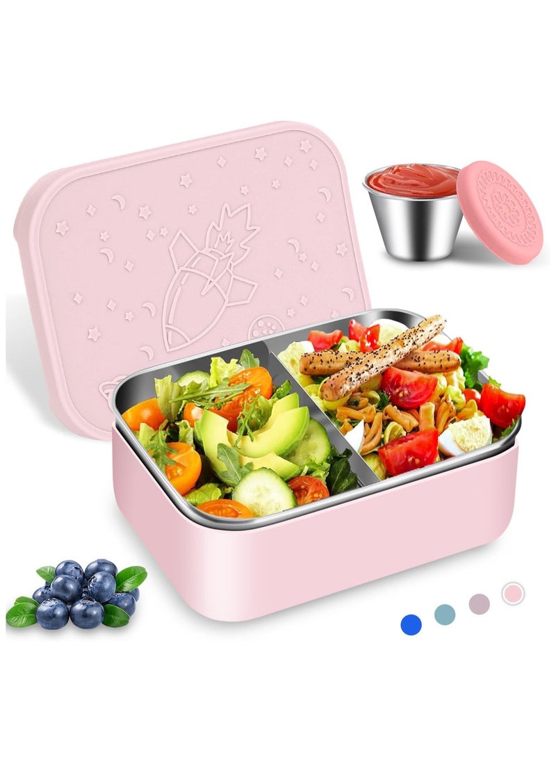 Stainless Steel Bento Box, 28.7oz Removable Divider Bento Lunch Boxes, Leak Proof Reusable Metal Lunch Containers, with Silicone Lid Easy open, Including 2.4oz Sauce Container