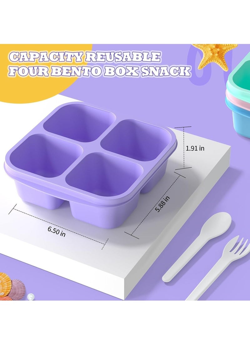 4 Pcs Bento Box, 4-Compartments Bento Lunch Box with Lid, Reusable BPA-Free Bento Box for School, Work and Travel, Snack Storage Box with 10 Small Fork, a Pair of Fork and Spoon