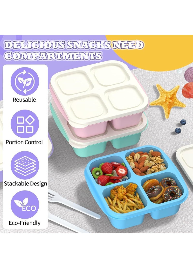 4 Pcs Bento Box, 4-Compartments Bento Lunch Box with Lid, Reusable BPA-Free Bento Box for School, Work and Travel, Snack Storage Box with 10 Small Fork, a Pair of Fork and Spoon