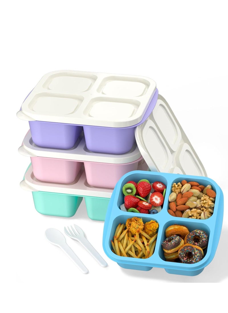 4 Pcs Bento Box, 4-Compartments Bento Lunch Box with Lid, Reusable BPA-Free Bento Box for School, Work and Travel, Snack Storage Box with 10 Small Fork, a Pair of Fork and Spoon