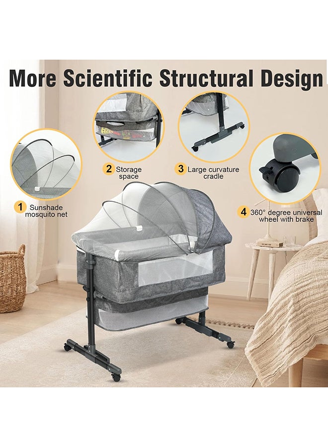 Adjustable Baby Bedside Crib With Large Storage Basket, Mattress Breathable Net,Mosquito Net Detachable, Soft Mattress 360°Swivel Wheels