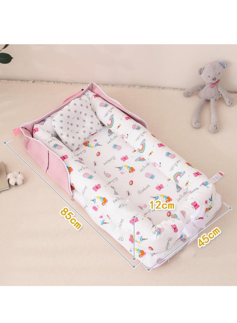 Baby Nest for Newborn 0-12 Month Baby Nest Cover with 100% Cotton Muslin Cover Portable Nest Sleeper Cover for Infant Foldable Baby Lounger for Outdoor Travel  (Pink Unicorn)