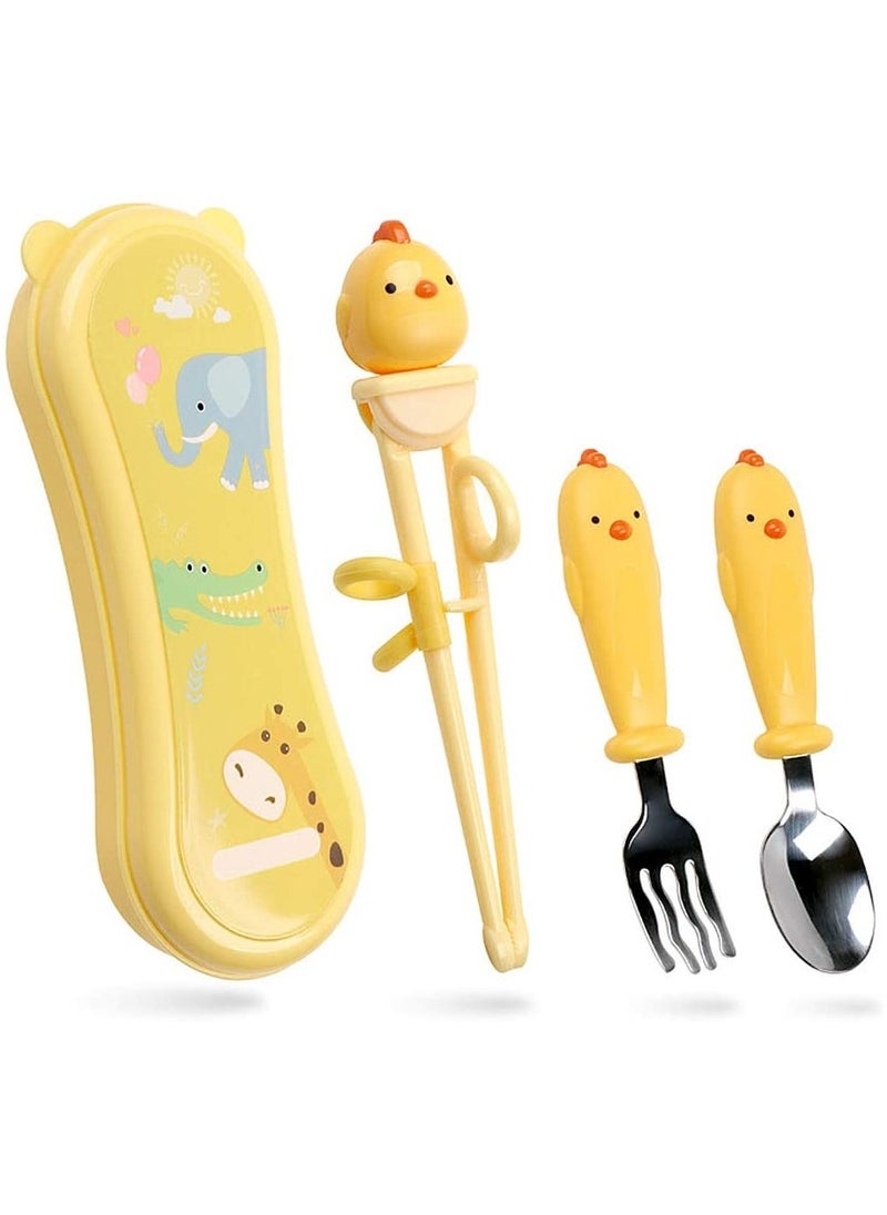 Baby Training Chopsticks Set Chopstick Spoon Fork and Case Reusable Learning with Attachable Helper for Kids Beginners Right Handed Only