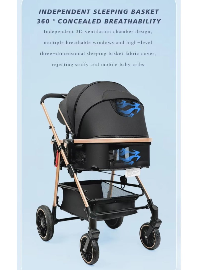 Newborn stroller 2 in 1 Convertible Baby Stroller, Folding High Landscape Infant Carriage, Bassinet Stroller, Foldable Aluminum Alloy Pushchair with Adjustable Backrest and Adjustable Direction.