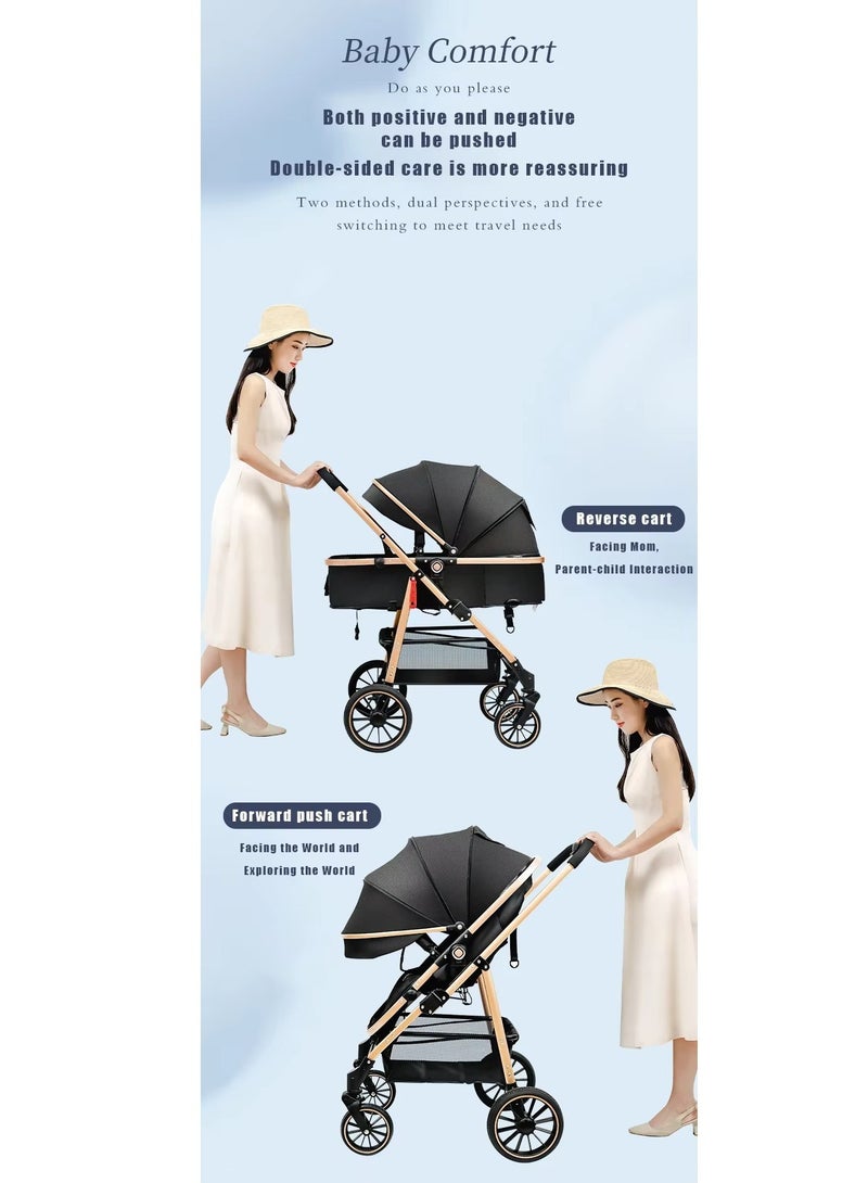 Newborn stroller 2 in 1 Convertible Baby Stroller, Folding High Landscape Infant Carriage, Bassinet Stroller, Foldable Aluminum Alloy Pushchair with Adjustable Backrest and Adjustable Direction.