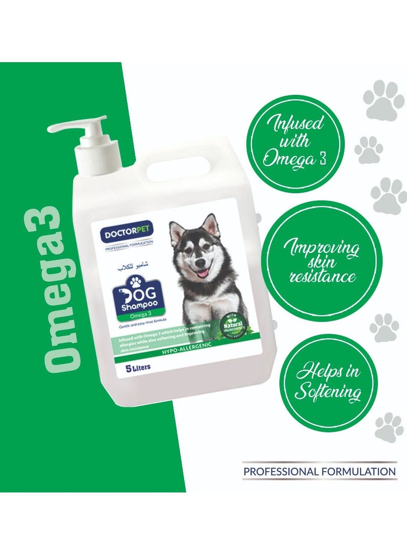 Doctor Pet Dog Shampoo Omega-3 5 Liters – Moisturizing, Hypo-Allerginic, Gentle Formula for Soft, Healthy Coat & Skin