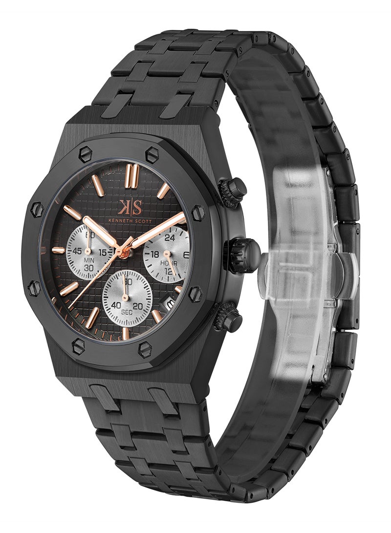 Kenneth Scott Men's Watch, Mult Function Display and Stainless Steel Strap - K24112-BBBB, Black