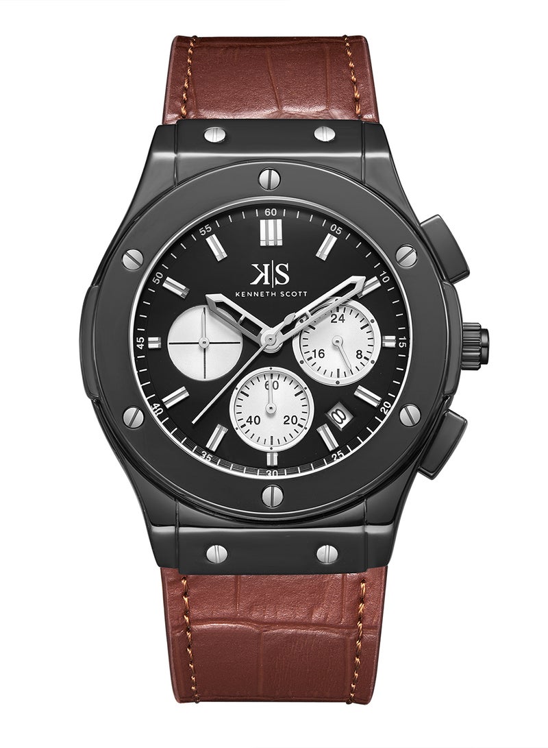 Kenneth Scott Men's Watch, Mult Function Display and Leather Strap - K24115-BLDB, Brown