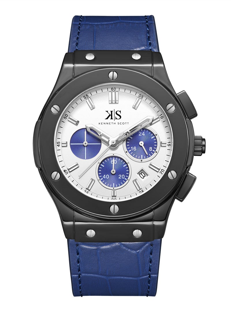 Kenneth Scott Men's Watch, Mult Function Display and Leather Strap - K24115-BLNW, Blue