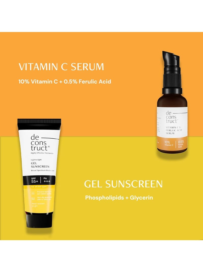 Deconstruct Sun Protect Duo | 10% Vitamin C Face Serum (30 ml) + Gel Sunscreen (50 g) | Get Glowing Skin with Sun Protection | No White Cast, Non Irritating & Lightweight | Pack of 2