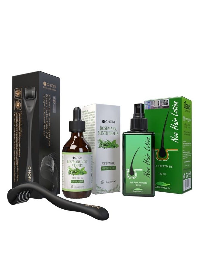 Green Wealth Neo Hair Lotion + Ghori Rosemary, Mint & Biotin Hair Regrowth Formula+ Ghori Derma Roller, 3 in 1 Combo Pack